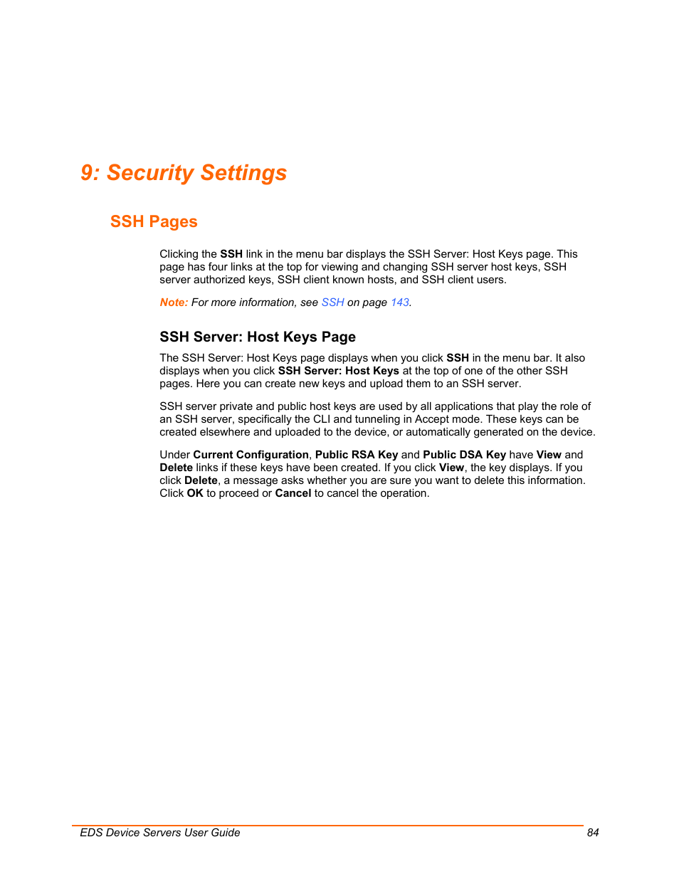 Security settings, Ssh pages | Lantronix Data Center-Grade Evolution Device Server EDS32PR User Manual | Page 84 / 158