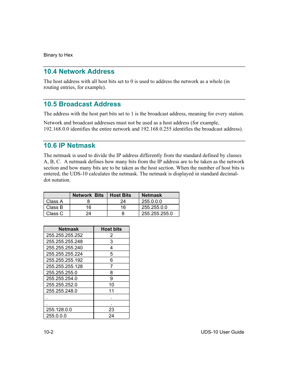Network address, Broadcast address, Ip netmask | 4 network address -2, 5 broadcast address -2, 6 ip netmask -2, 4 network address, 5 broadcast address, 6 ip netmask | Lantronix Device Server UDS 10 User Manual | Page 120 / 139