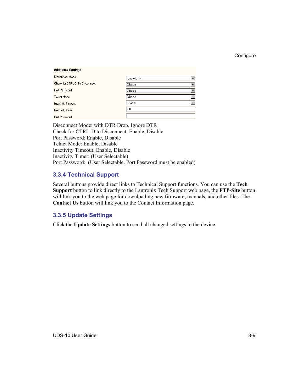 Technical support, Update settings, 4 technical support -9 | 5 update settings -9 | Lantronix Device Server UDS 10 User Manual | Page 49 / 139