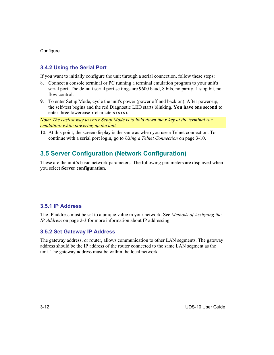 Using the serial port, Server configuration (network configuration), Ip address | Set gateway ip address, 2 using the serial port -12, 5 server configuration (network configuration) -12, 1 ip address -12, 2 set gateway ip address -12, 5 server configuration (network configuration) | Lantronix Device Server UDS 10 User Manual | Page 52 / 139
