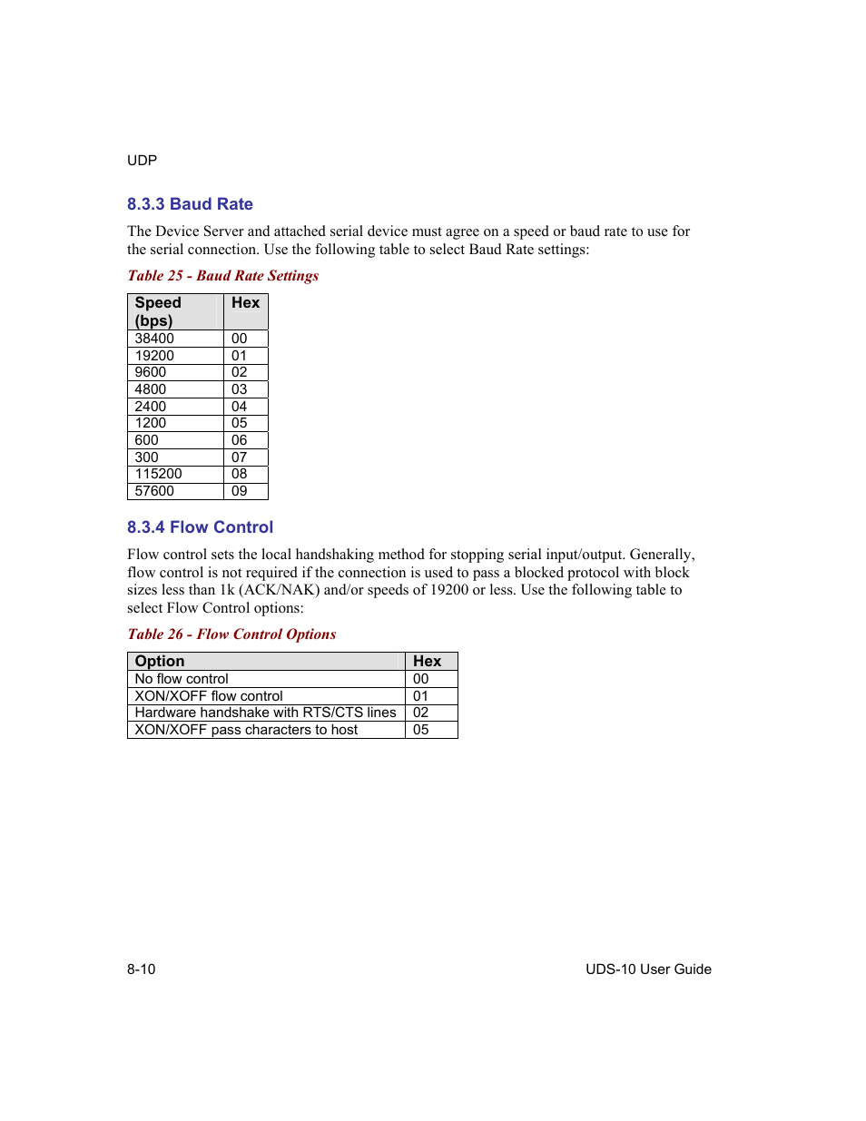 Baud rate, Flow control, 3 baud rate -10 | 4 flow control -10, Table 25 - baud rate settings -10, Table 26 - flow control options -10, Table 25 - baud rate settings, Table 26 - flow control options | Lantronix Device Server UDS 10 User Manual | Page 96 / 139