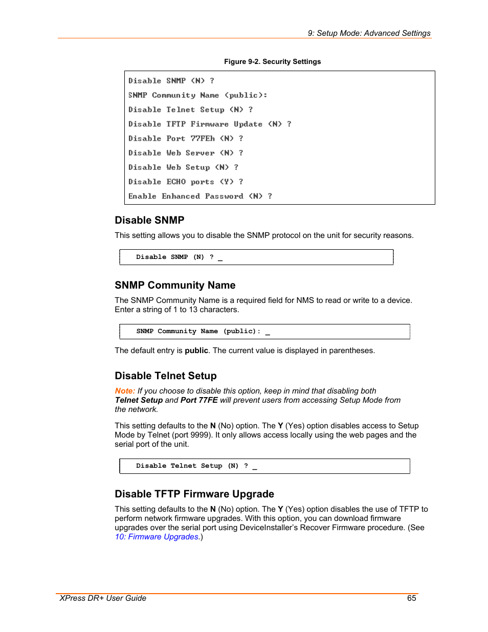 Disable snmp, Snmp community name, Disable telnet setup | Disable tftp firmware upgrade, Figure 9-2. security settings | Lantronix 900-422 User Manual | Page 65 / 87