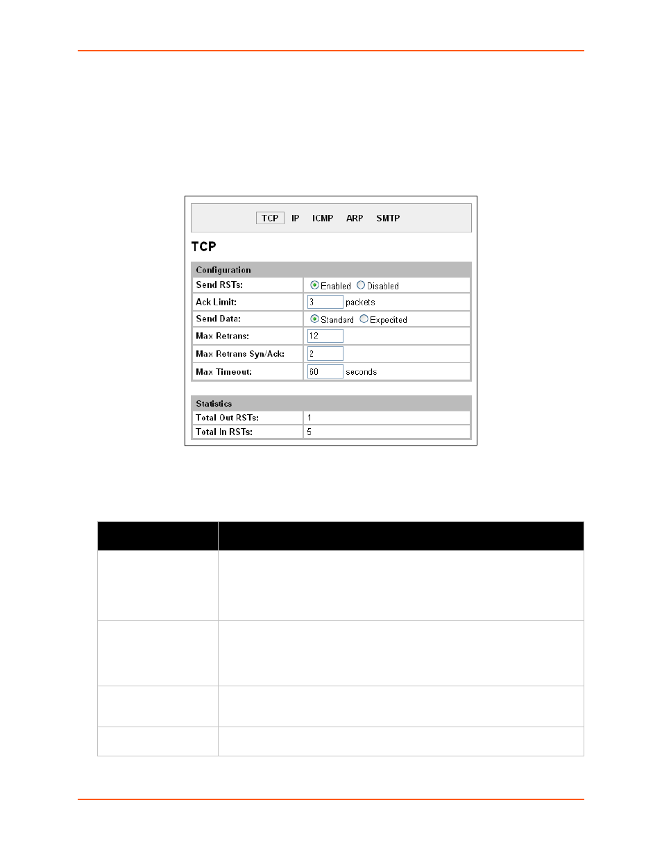 Tcp settings, To configure the tcp network protocol, Figure 12-4 tcp protocol | Table 12-5 tcp protocol settings | Lantronix XPORT PROTM 900-560 User Manual | Page 107 / 154