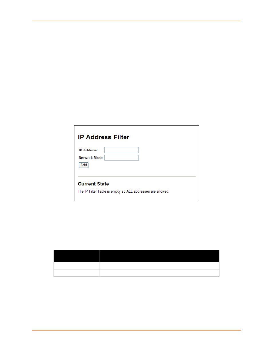 Ip address filter, To configure the ip address filter, Figure 12-14 ip address filter configuration | Table 12-15 ip address filter settings | Lantronix XPORT PROTM 900-560 User Manual | Page 112 / 154