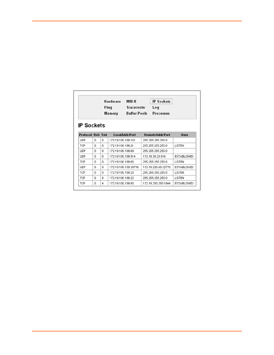 Ip sockets, To display open ip sockets, Ping | To ping a remote device or computer, Figure 12-20 ip sockets | Lantronix XPORT PROTM 900-560 User Manual | Page 116 / 154