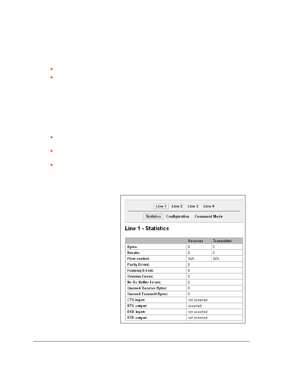 Line and tunnel settings, Line settings, Line statistics | Figure 6-1 line 1 statistics, Chapter 6: line and tunnel settings | Lantronix XPORT PROTM 900-560 User Manual | Page 32 / 154