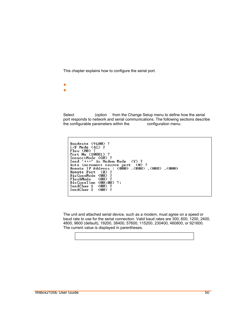Setup mode: channel configuration, Channel 1 (option 1), Baudrate | Figure 7-1. serial port parameters | Lantronix Ethernet User Manual | Page 50 / 92
