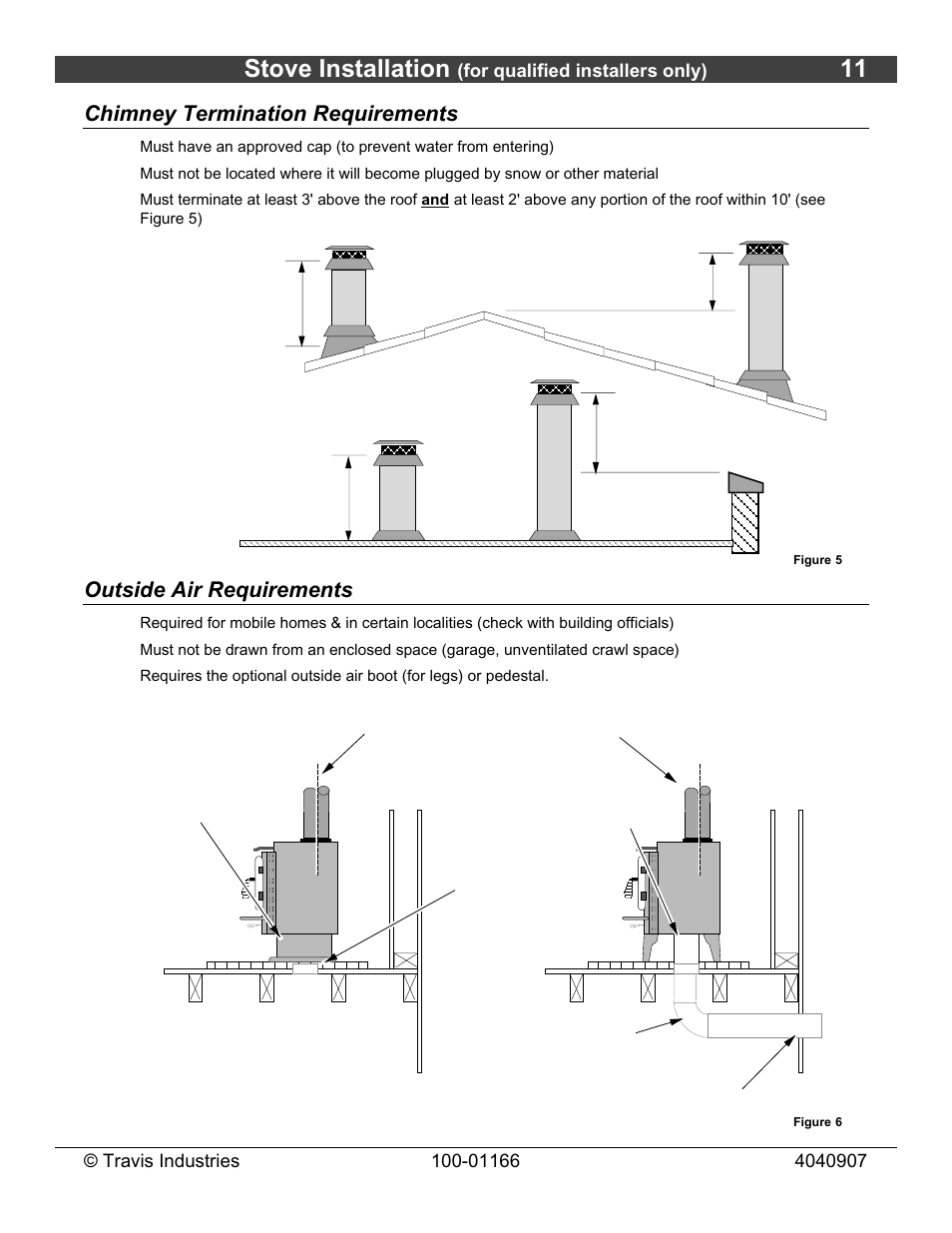 Stove installation, Chimney termination requirements, Outside air requirements | Lopi Answer Wood Stove User Manual | Page 11 / 48