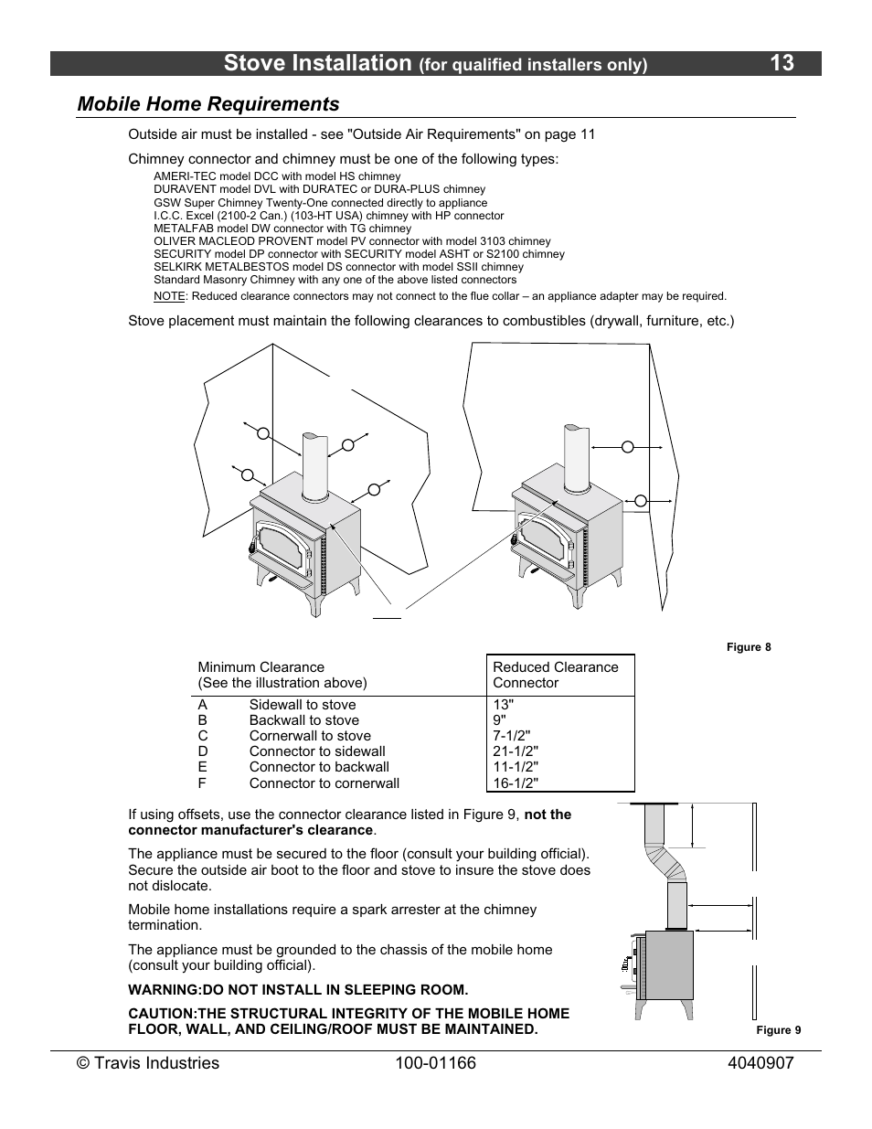Stove installation, Mobile home requirements, For qualified installers only) | Lopi Answer Wood Stove User Manual | Page 13 / 48