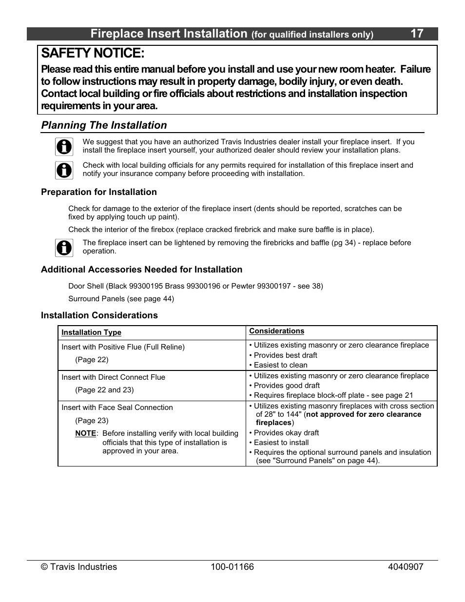 Safety notice, Fireplace insert installation | Lopi Answer Wood Stove User Manual | Page 17 / 48