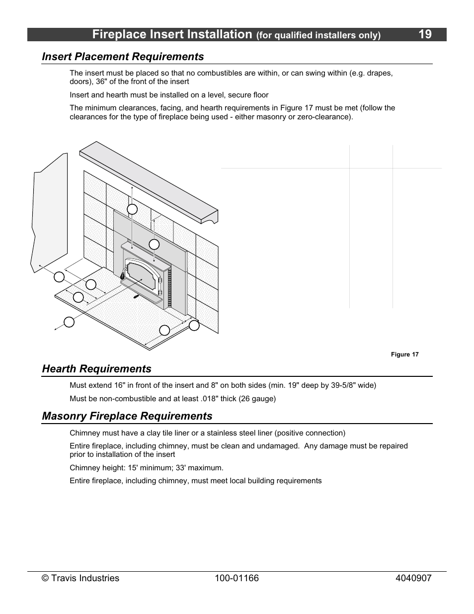 Fireplace insert installation, Minimum clearances, Insert placement requirements | Hearth requirements, Masonry fireplace requirements | Lopi Answer Wood Stove User Manual | Page 19 / 48