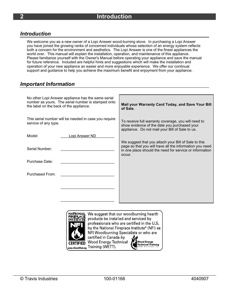 2introduction, Introduction, Important information | Lopi Answer Wood Stove User Manual | Page 2 / 48