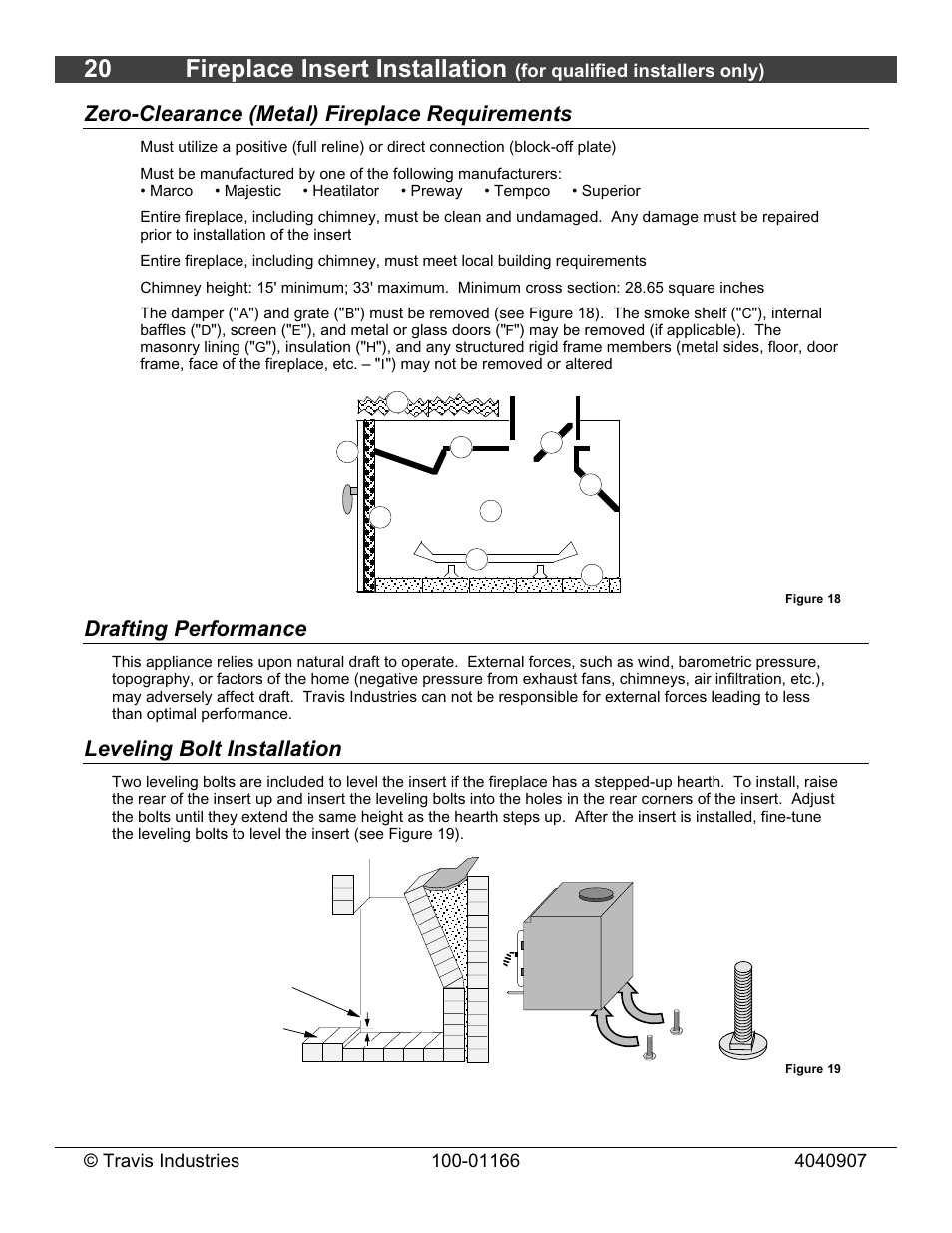 20 fireplace insert installation, Zero-clearance (metal) fireplace requirements, Drafting performance | Leveling bolt installation | Lopi Answer Wood Stove User Manual | Page 20 / 48