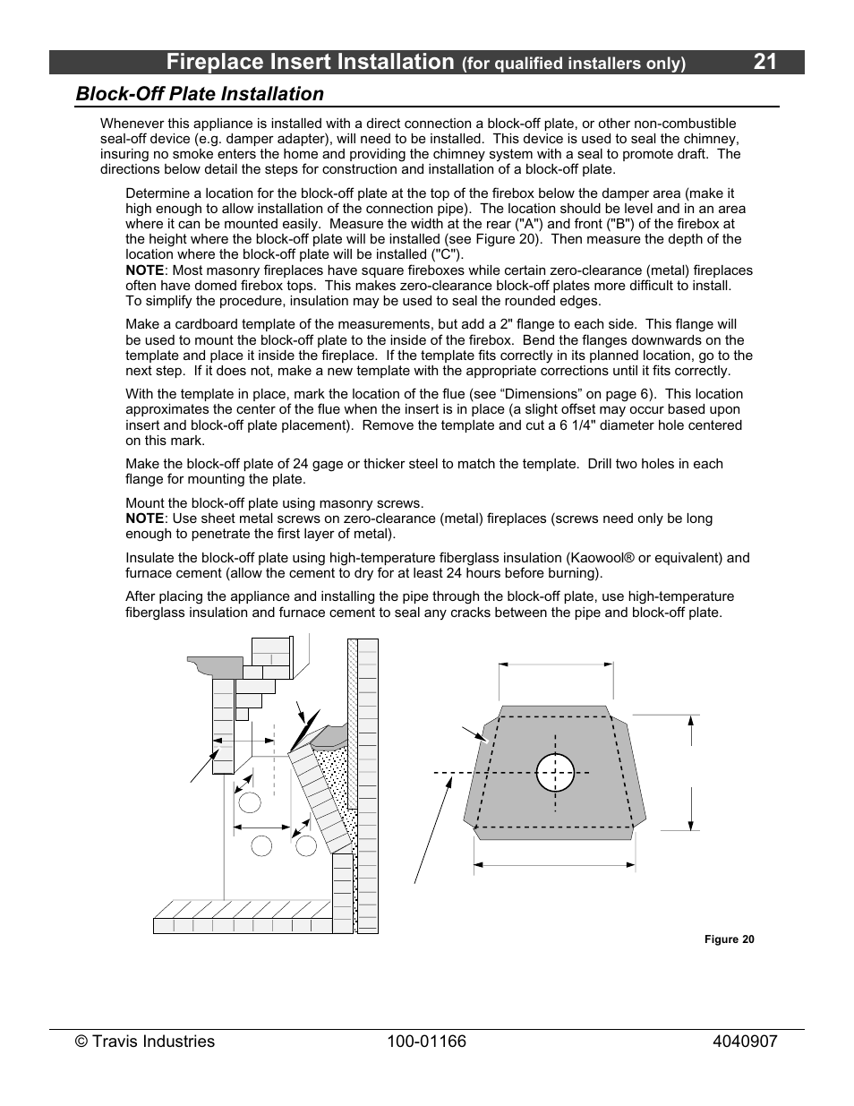 Fireplace insert installation, Block-off plate installation | Lopi Answer Wood Stove User Manual | Page 21 / 48