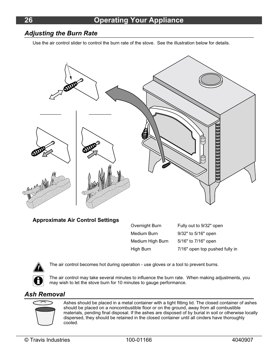 26 operating your appliance, Adjusting the burn rate, Ash removal | Lopi Answer Wood Stove User Manual | Page 26 / 48