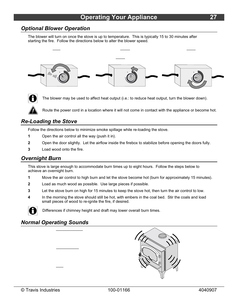 Operating your appliance 27, Optional blower operation, Re-loading the stove | Overnight burn, Normal operating sounds | Lopi Answer Wood Stove User Manual | Page 27 / 48