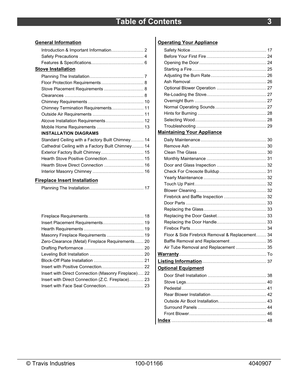 Table of contents 3 | Lopi Answer Wood Stove User Manual | Page 3 / 48