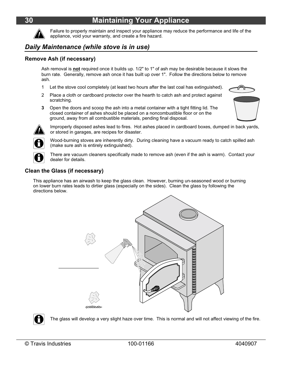 30 maintaining your appliance, Daily maintenance (while stove is in use) | Lopi Answer Wood Stove User Manual | Page 30 / 48