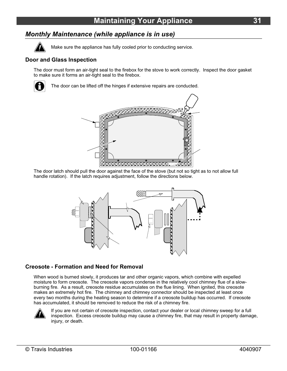 Maintaining your appliance 31, Monthly maintenance (while appliance is in use), Door and glass inspection | Creosote - formation and need for removal | Lopi Answer Wood Stove User Manual | Page 31 / 48