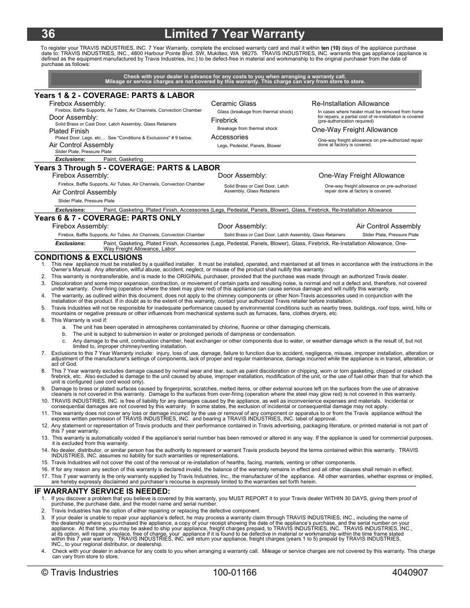 36 limited 7 year warranty, Years 1 & 2 - coverage: parts & labor, Years 3 through 5 - coverage: parts & labor | Years 6 & 7 - coverage: parts only, Conditions & exclusions, If warranty service is needed | Lopi Answer Wood Stove User Manual | Page 36 / 48