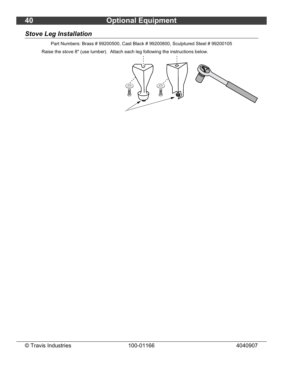 40 optional equipment, Stove leg installation | Lopi Answer Wood Stove User Manual | Page 40 / 48