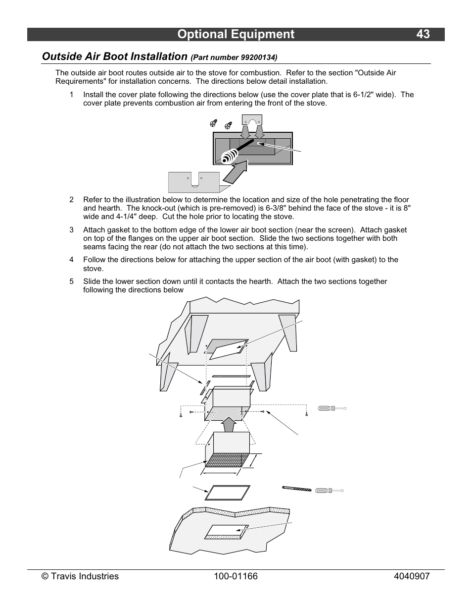 Optional equipment 43, Outside air boot installation | Lopi Answer Wood Stove User Manual | Page 43 / 48