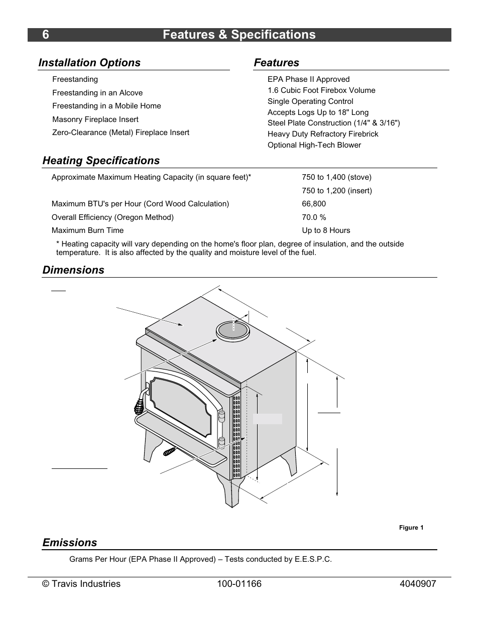 6features & specifications, Installation options, Features | Heating specifications, Dimensions, Emissions | Lopi Answer Wood Stove User Manual | Page 6 / 48