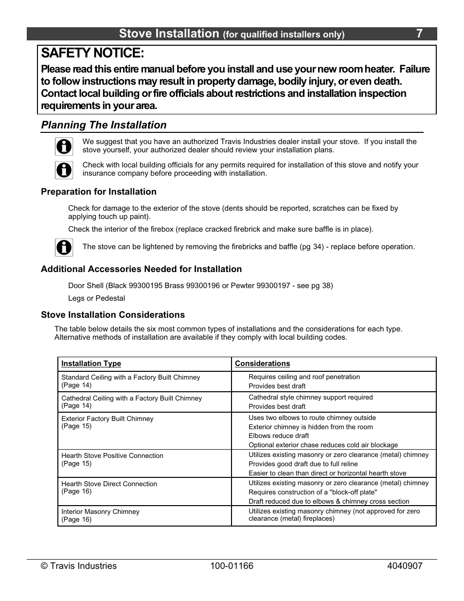 Safety notice, Stove installation | Lopi Answer Wood Stove User Manual | Page 7 / 48