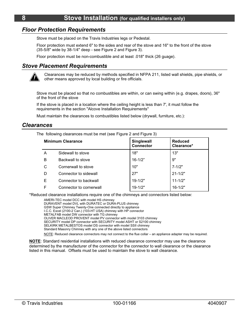 8stove installation, Floor protection requirements, Stove placement requirements | Clearances | Lopi Answer Wood Stove User Manual | Page 8 / 48