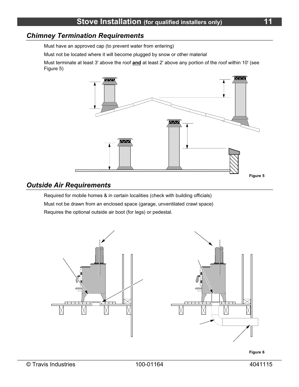 Stove installation, Chimney termination requirements, Outside air requirements | Lopi Liberty Wood Stove User Manual | Page 11 / 38
