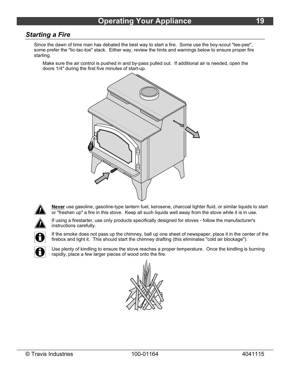 Operating your appliance 19, Starting a fire | Lopi Liberty Wood Stove User Manual | Page 19 / 38