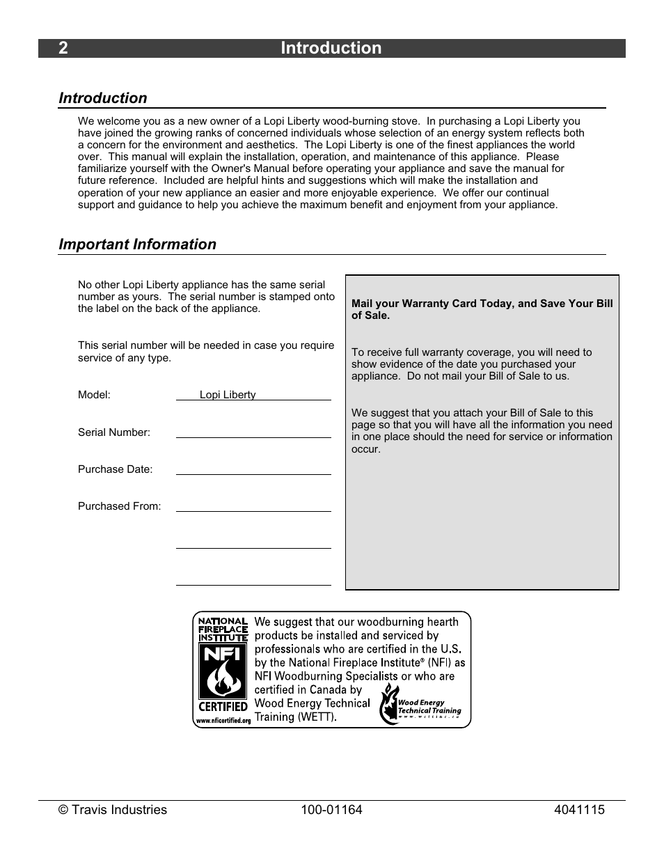 2introduction, Introduction, Important information | Lopi Liberty Wood Stove User Manual | Page 2 / 38