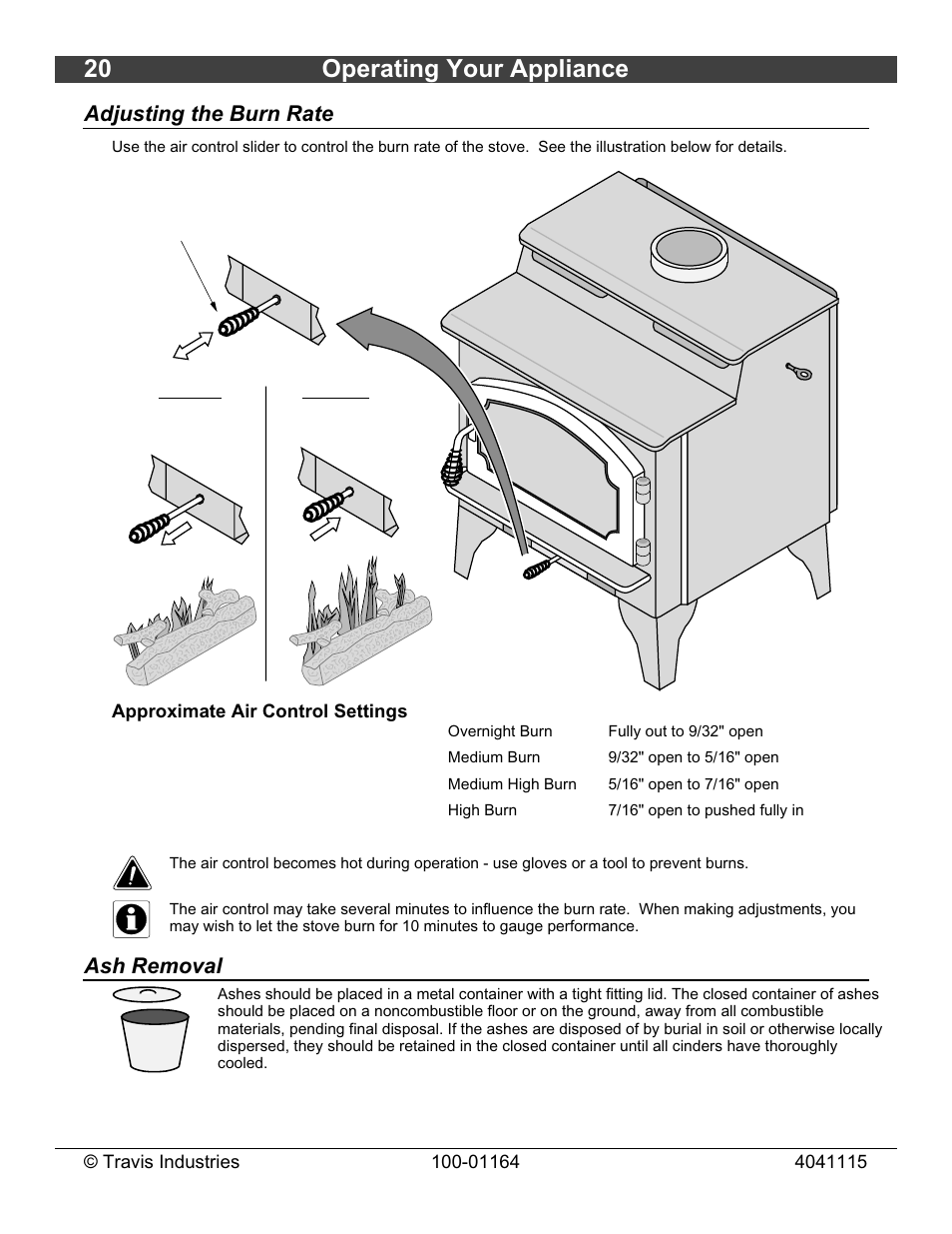 20 operating your appliance, Adjusting the burn rate, Ash removal | Lopi Liberty Wood Stove User Manual | Page 20 / 38
