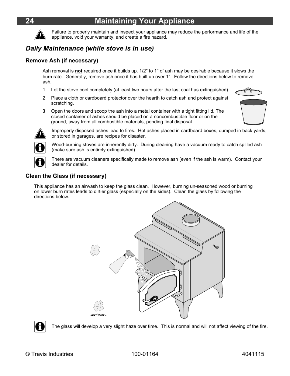 24 maintaining your appliance, Daily maintenance (while stove is in use) | Lopi Liberty Wood Stove User Manual | Page 24 / 38