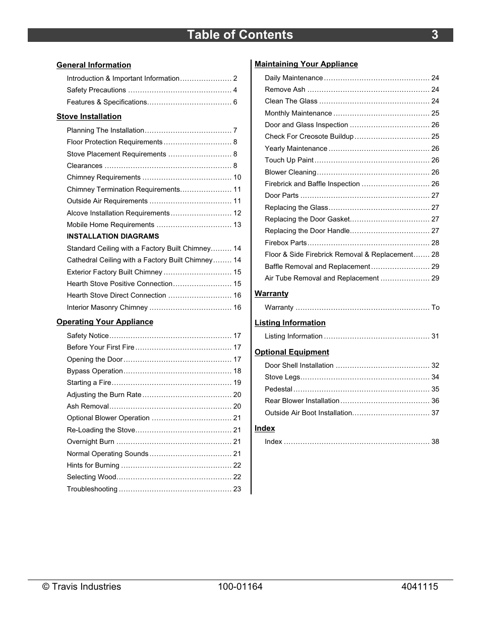 Table of contents 3 | Lopi Liberty Wood Stove User Manual | Page 3 / 38