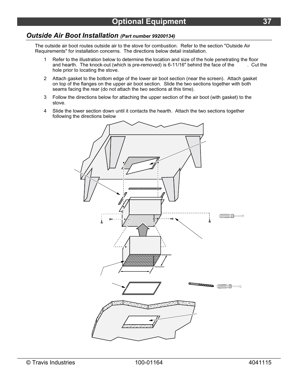 Optional equipment 37, Outside air boot installation | Lopi Liberty Wood Stove User Manual | Page 37 / 38