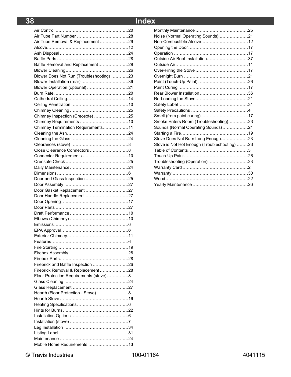 38 index | Lopi Liberty Wood Stove User Manual | Page 38 / 38