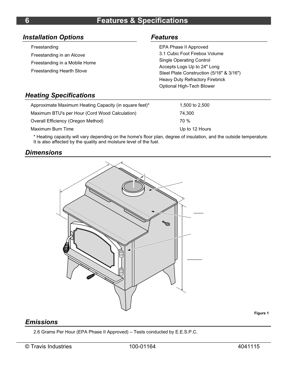 6features & specifications, Installation options, Features | Heating specifications, Dimensions, Emissions | Lopi Liberty Wood Stove User Manual | Page 6 / 38