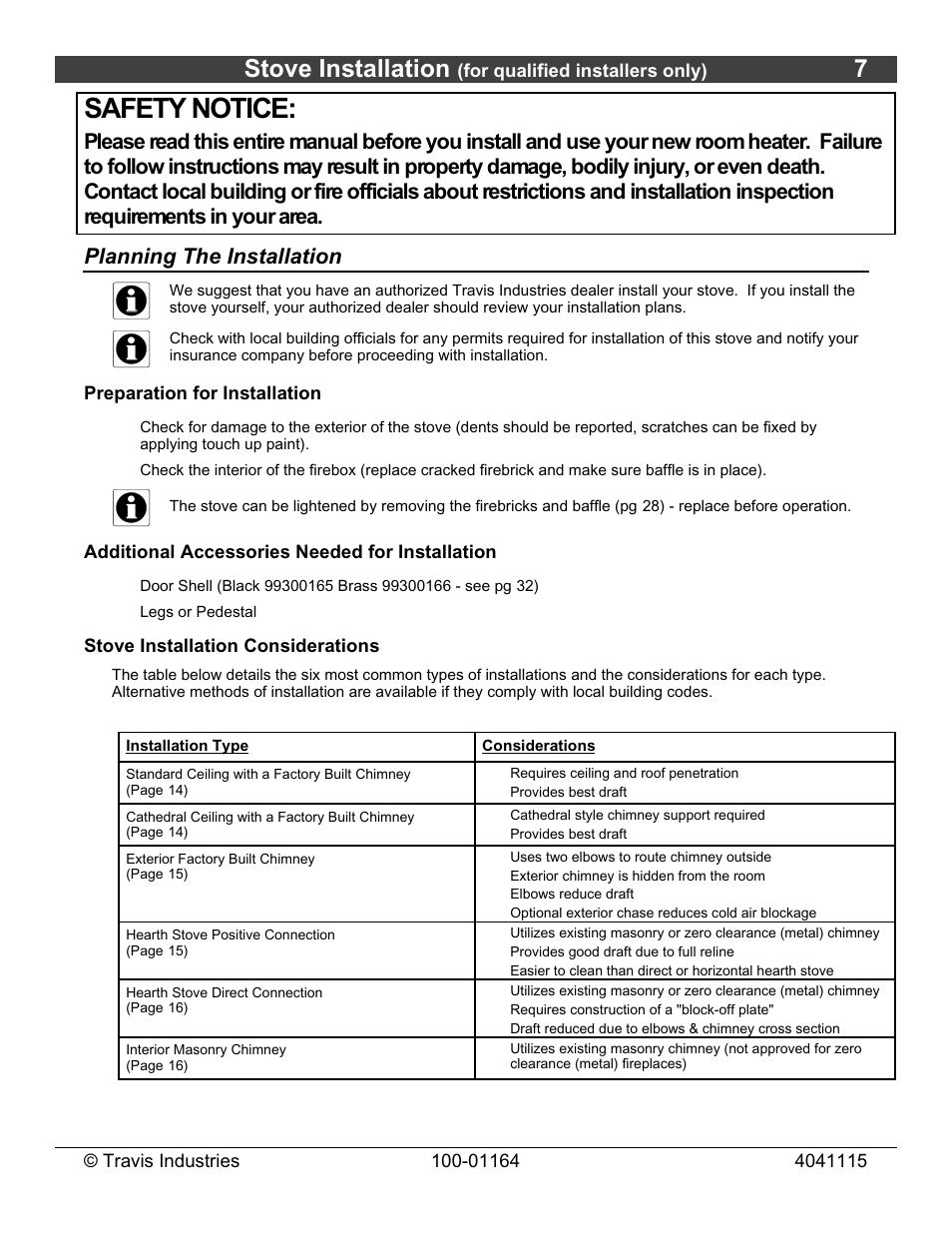 Safety notice, Stove installation | Lopi Liberty Wood Stove User Manual | Page 7 / 38