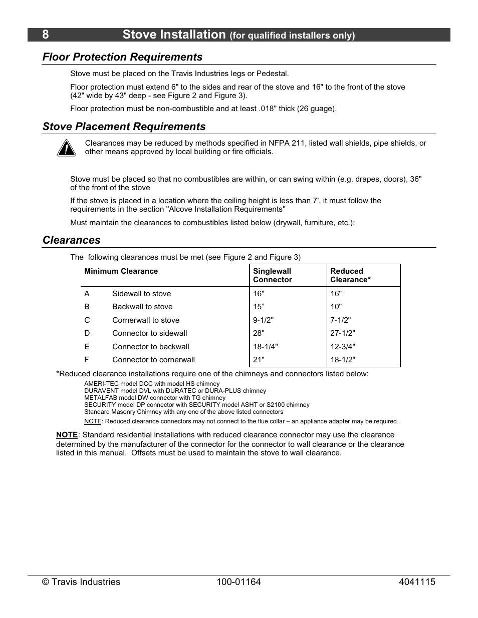 8stove installation, Floor protection requirements, Stove placement requirements | Clearances | Lopi Liberty Wood Stove User Manual | Page 8 / 38