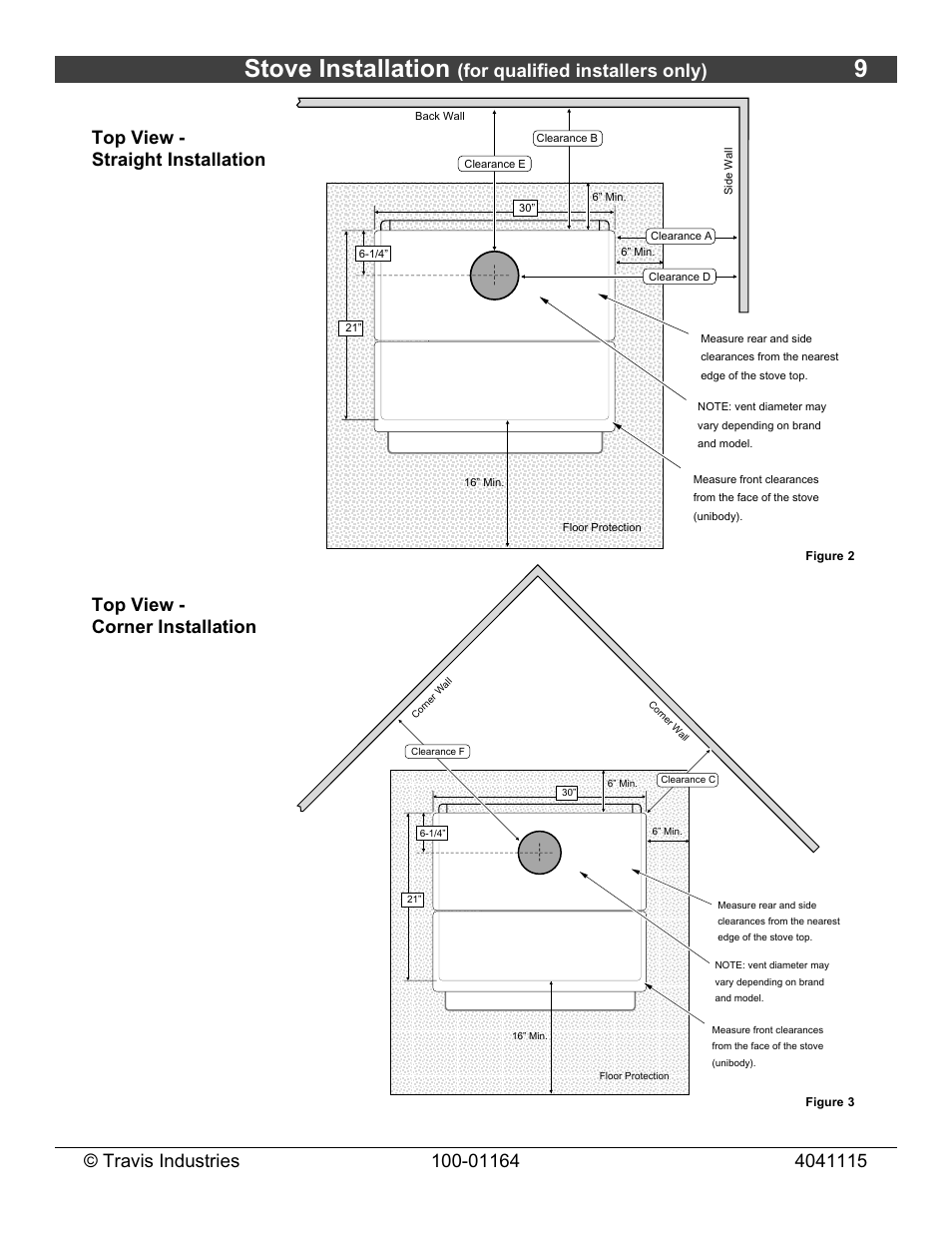Stove installation, For qualified installers only), Top view - corner installation | Lopi Liberty Wood Stove User Manual | Page 9 / 38
