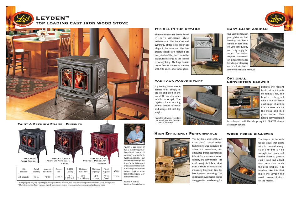 Leyden, Top loading cast iron wood stove, It’s all in the details | Top load convenience, High efficiency performance, Paint & premium enamel finishes | Lopi Leyden Top Loading Cast Iron Wood Stove User Manual | Page 3 / 4