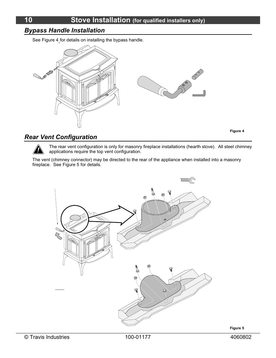 10 stove installation, Bypass handle installation, Rear vent configuration | Lopi Leyden Wood Stove User Manual | Page 10 / 38