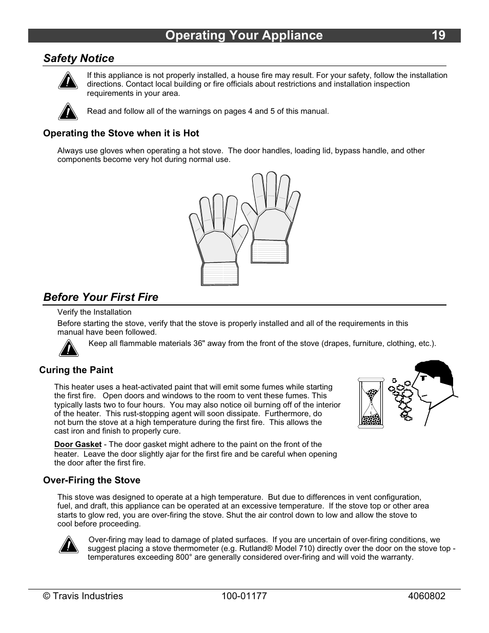 Operating your appliance 19, Safety notice, Before your first fire | Lopi Leyden Wood Stove User Manual | Page 19 / 38