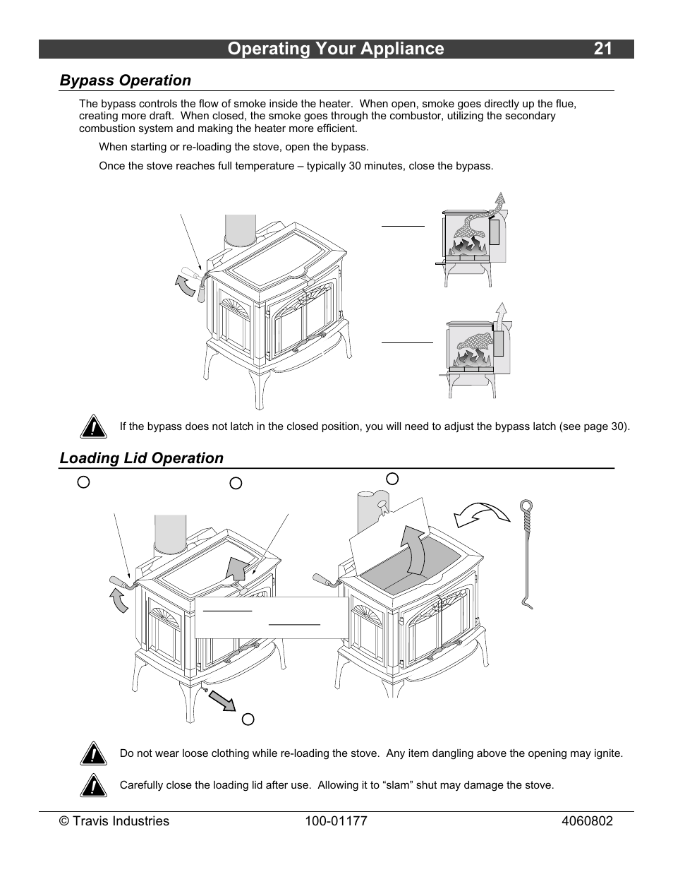 Operating your appliance 21, Bypass operation, Loading lid operation | Lopi Leyden Wood Stove User Manual | Page 21 / 38