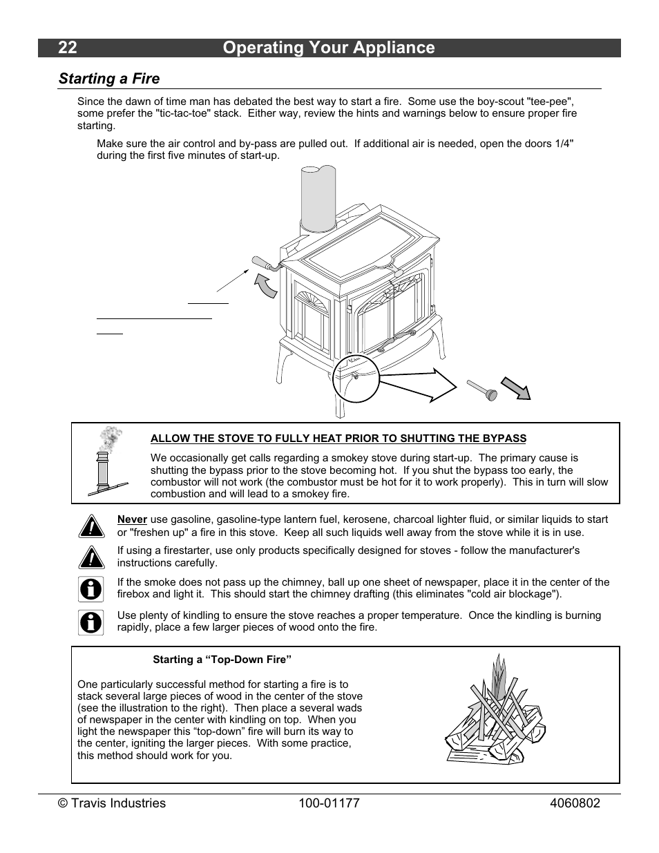 22 operating your appliance, Starting a fire | Lopi Leyden Wood Stove User Manual | Page 22 / 38