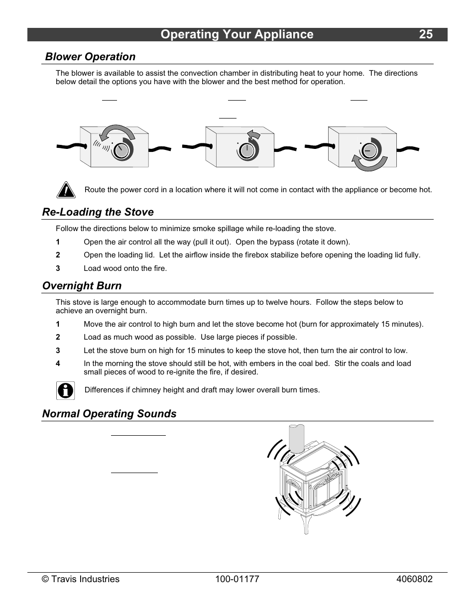 Operating your appliance 25, Blower operation, Re-loading the stove | Overnight burn, Normal operating sounds | Lopi Leyden Wood Stove User Manual | Page 25 / 38