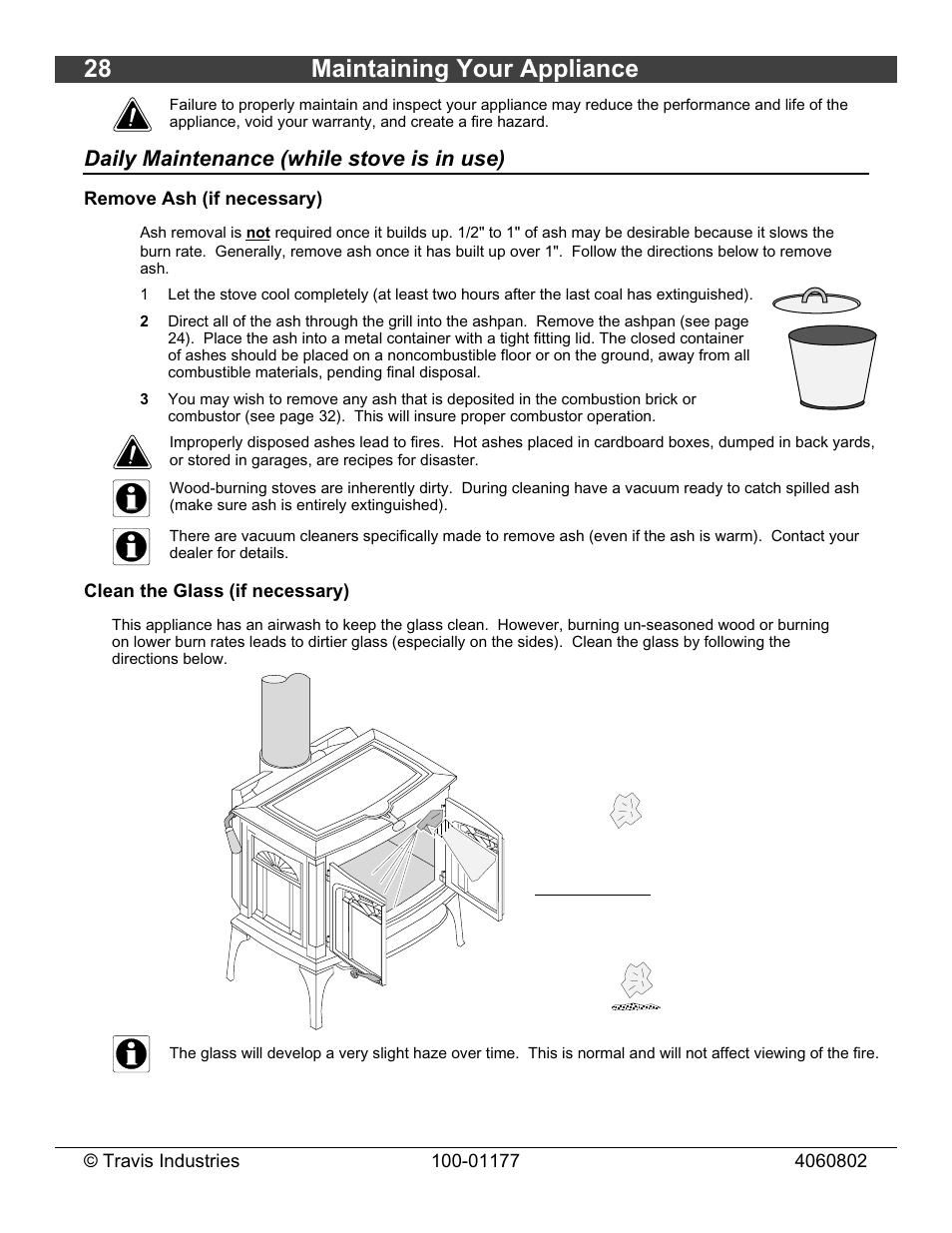 28 maintaining your appliance, Daily maintenance (while stove is in use) | Lopi Leyden Wood Stove User Manual | Page 28 / 38