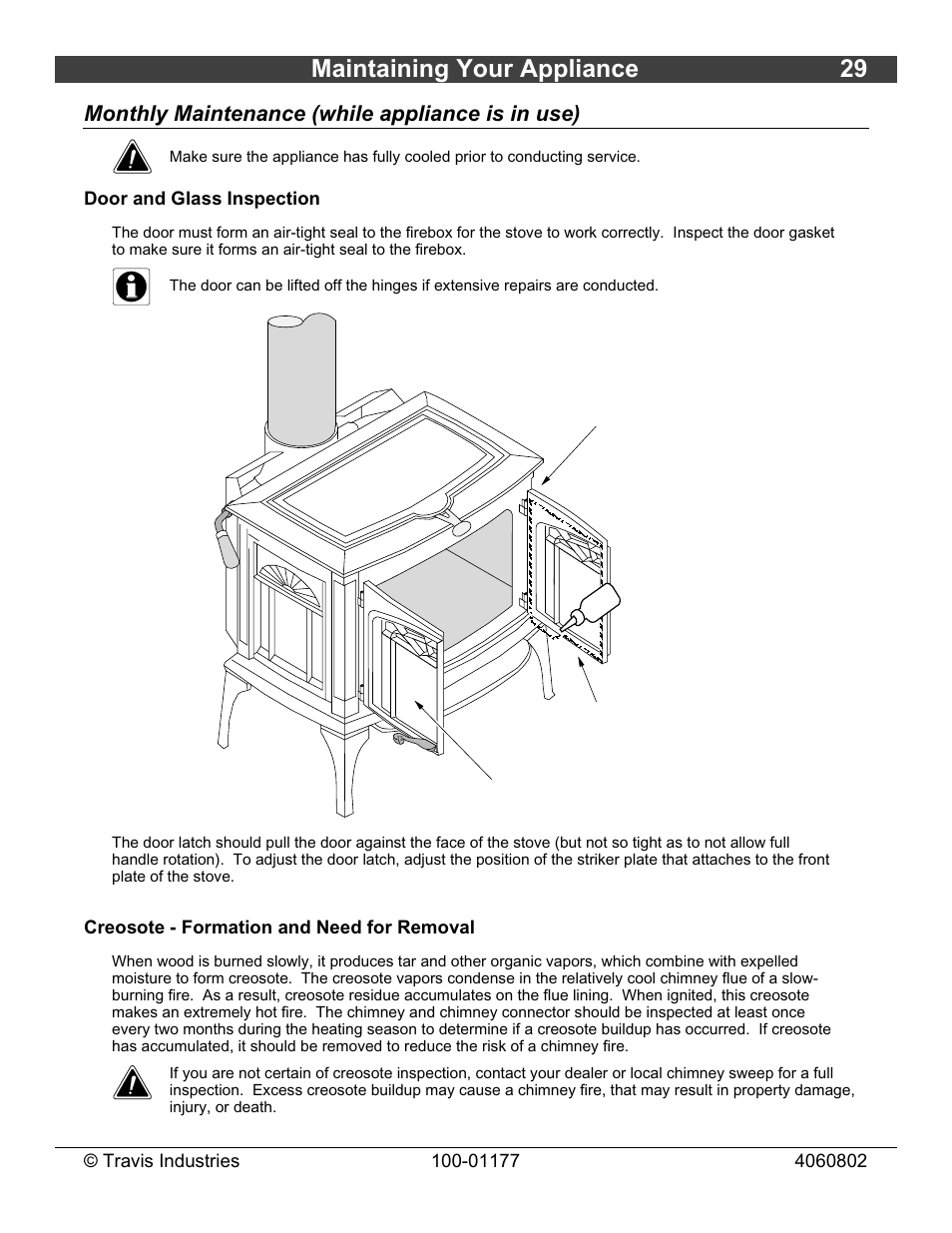 Maintaining your appliance 29, Monthly maintenance (while appliance is in use) | Lopi Leyden Wood Stove User Manual | Page 29 / 38