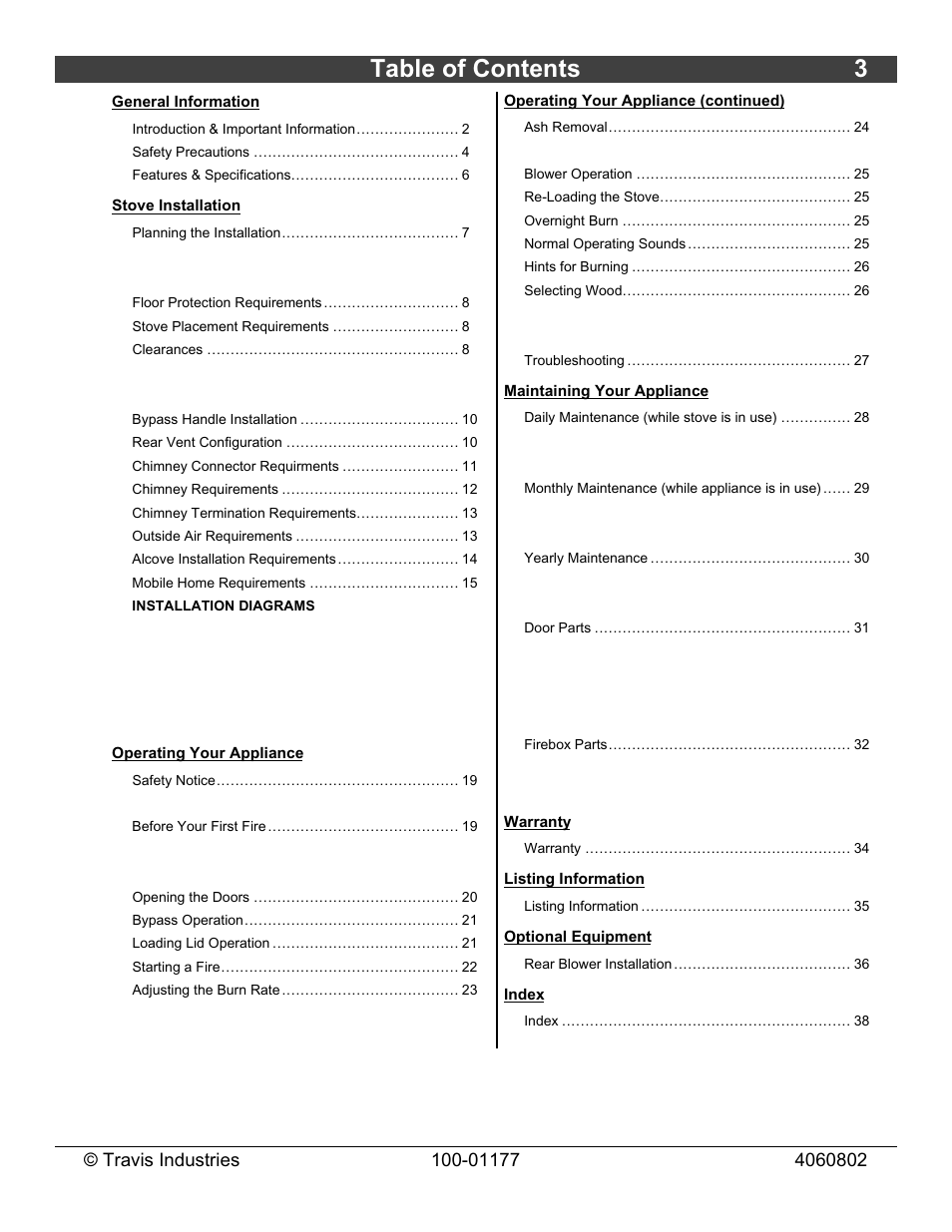 Table of contents 3 | Lopi Leyden Wood Stove User Manual | Page 3 / 38